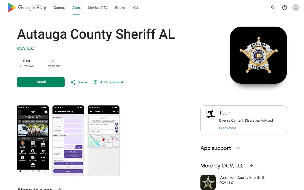 Google Play listing for the Autauga County sheriff app used to check the inmate population